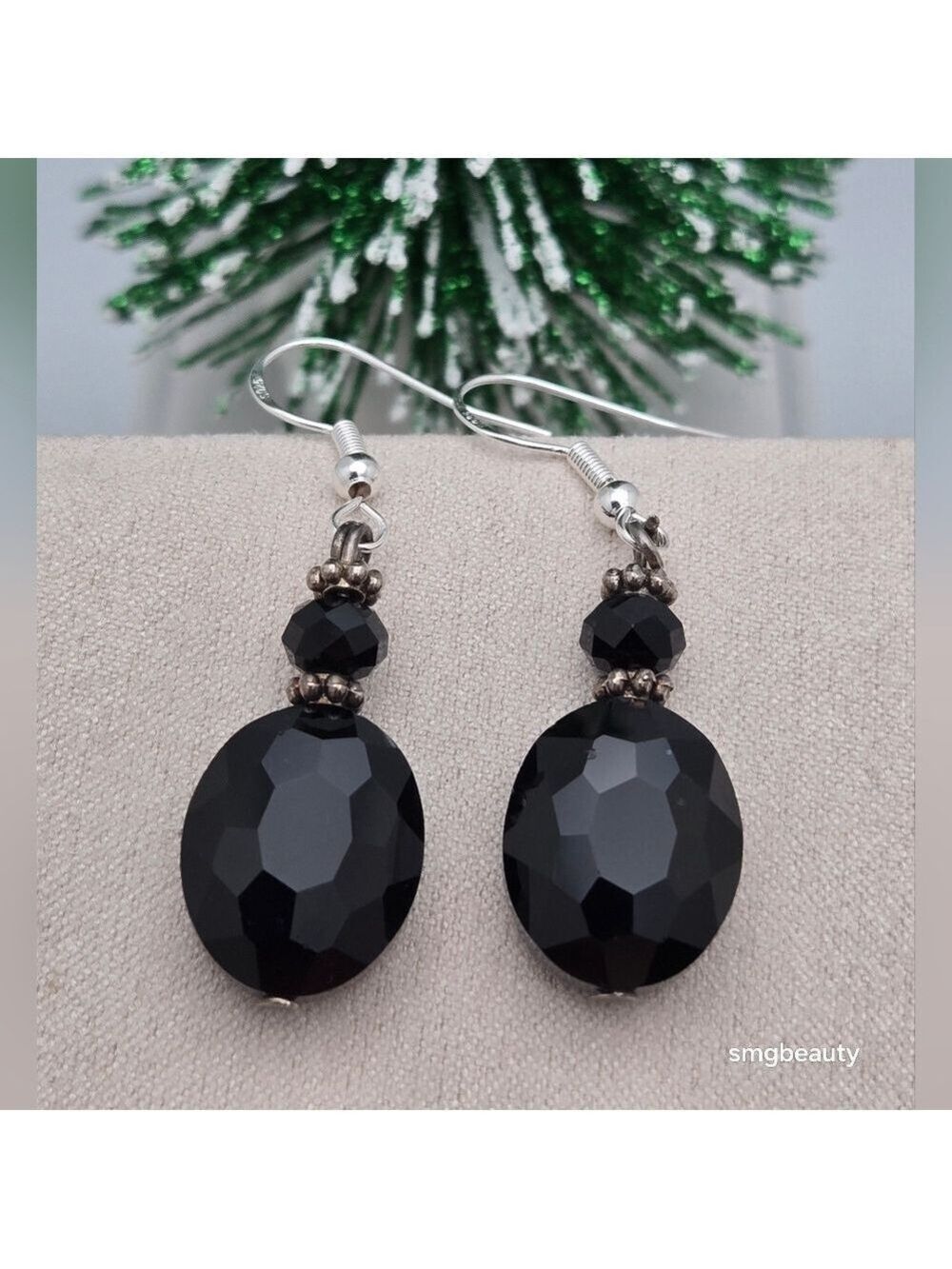 Black Faceted Glass Dangle Earrings Sterling Silver Hooks Handmade Classic